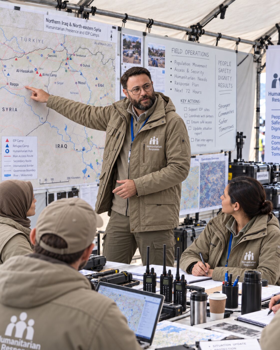AI-generated illustration of Mohammed Al-Hajjaj presenting an operations map