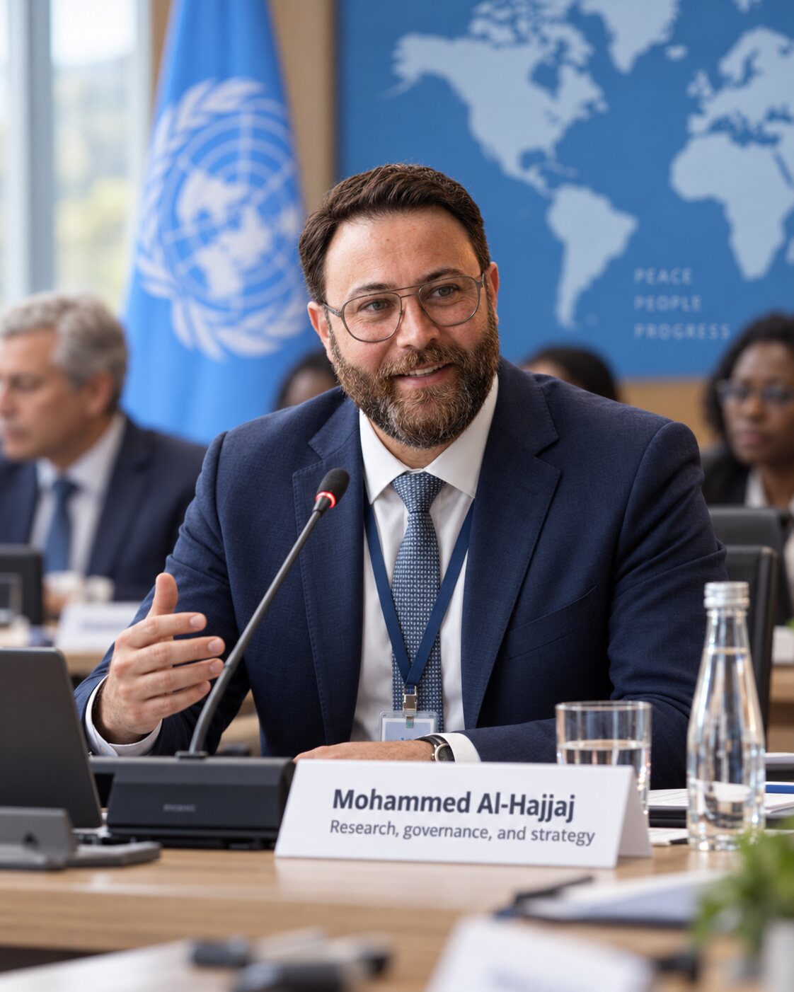 AI-generated illustration of Mohammed Al-Hajjaj in a formal meeting setting