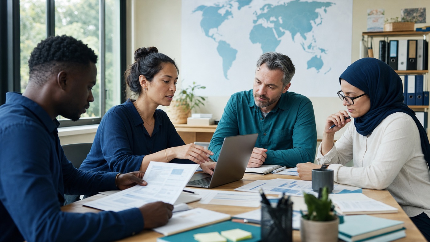 A diverse humanitarian programme team reviewing an AI-assisted draft together