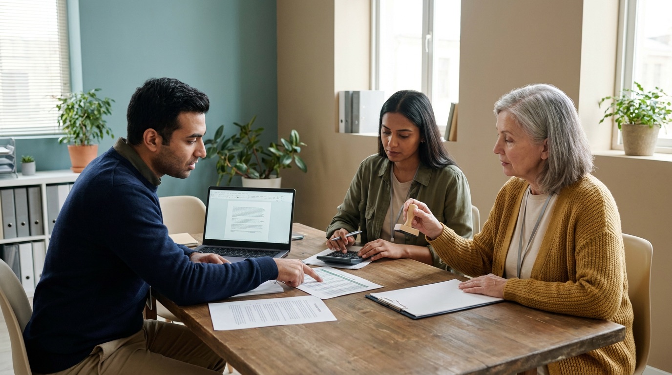 NGO practitioners checking an AI-assisted report against source evidence